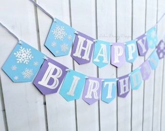 Winter Wonderland Happy Birthday Banner, Aqua, Purple and Silver Glitter, Personalized Banner, Age Banner, Winter Birthday, Frozen Inspired