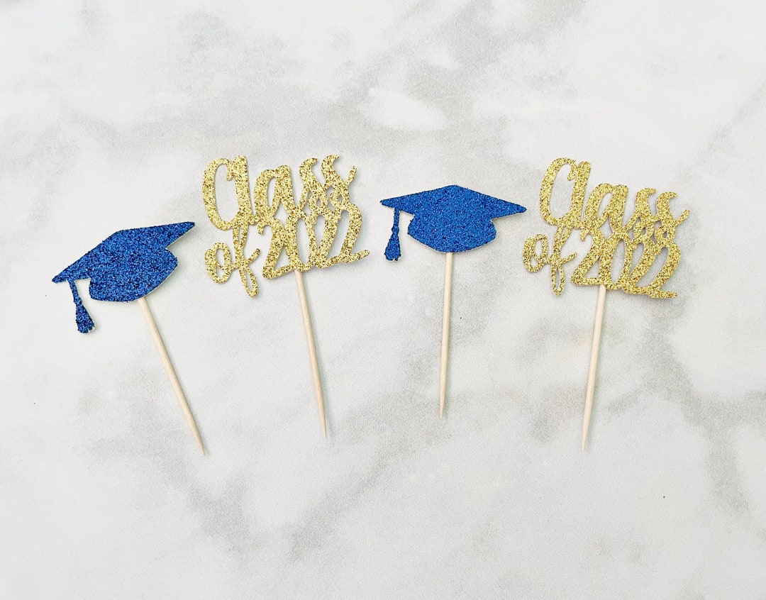 Class of 2024 and Cap Cupcake Toppers. Navy Blue and Gold Glitter