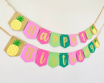 Tropical Happy Birthday Banner, Personalized Banner, Flamingo Birthday, Luau Birthday Party, Hawaiian Birthday, Pineapple Decor,Summer Party