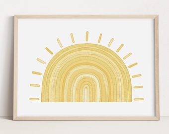 Sun Art Print | Modern Nursery Poster | Sunshine Yellow | Bright Nursery Wall Art | Boho Wall deco | Detailed Line Art | Mustard Yellow