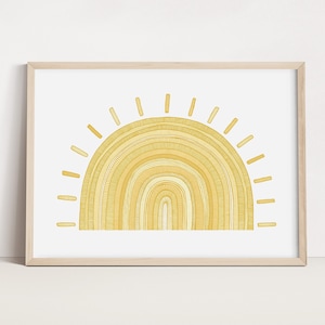 Impressão de arte do sol | Pôster moderno do berçário | Amarelo Sol | arte brilhante da parede do berçário | Decoração de parede Boho | Arte de linha detalhada | Amarelo Mostarda
