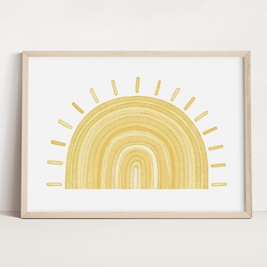 Sun Art Print | Modern Nursery Poster | Sunshine Yellow | Bright Nursery Wall Art | Boho Wall deco | Detailed Line Art | Mustard Yellow