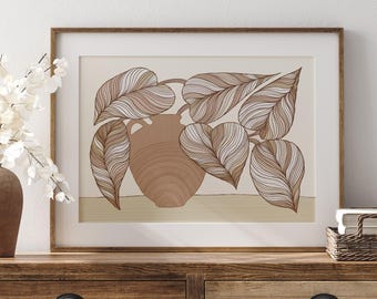 Fine Line Botanical Print | Potted Greenery in Warm Earth Tones Calming Art | Nature Inspired Wall Art  | Subtle | Earthy Colours