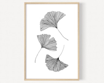 Ginkgo Art Print | Minimalist Design | Ginkgo Leaf Illustration | Detailed Art | Black and White Palette