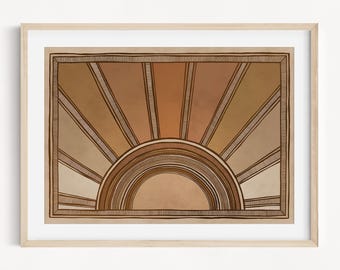 Earthy Sunrise Art Print: Fine Line Sun, Boho Wall Decor