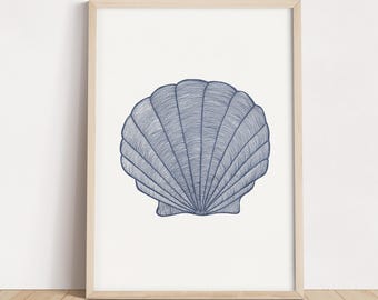Nautical Shell Wall Art Print | Seashell Illustration | Nursery Art in Navy Blue | Coastal Beach | Hand drawn | Kids Room Decor | Boys room