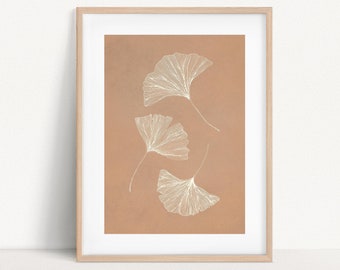 Ginkgo Art Print | Botanical Wall Art | Leaf | Minimal Poster Design | Ginkgo Leaf Illustration | Detailed Art | Earthy Colour Palette