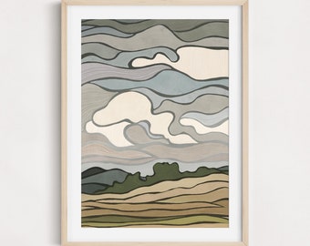 Cloudscape Print | Modern Abstract Landscape Artwork | Rolling hills and swirling clouds | Contemporary | Detailed line work | Earth Tones