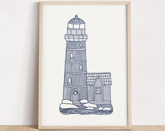 Nautical Lighthouse Wall Art Print | Seaside Illustration | Nursery Art in Navy Blue | Coastal Kids Room Decor | Kids Room Decor | Boys room
