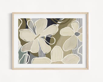 Flower Art Print  | Abstract floral Wall Art | Green and Blue | Modern Nature Decor | Botanical Poster | Detailed line art
