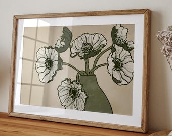 Green & White Floral Vase Art Print - Delicate Fine Line Flower Artwork for a calm and elegant Space - Delicate Bloom Wall Decor Botanical