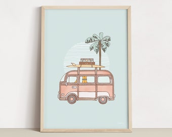 Pink Van Wall Art | Nursery Prints | Retro Beach Prints | Pink VW Bus with surfboards | Vintage Wall Art | Coastal nursery decor | Beach