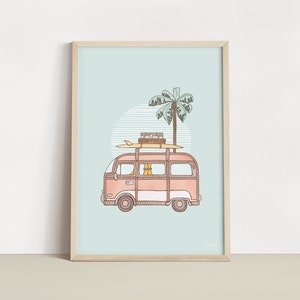 Kombi Van Wall Art | Nursery Prints | Retro Beach Prints | Pink VW Bus with surfboards | Vintage Wall Art | Coastal nursery decor | Beach