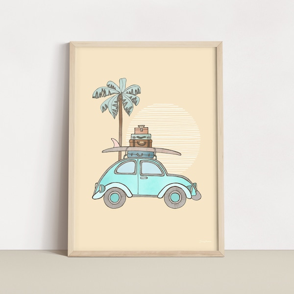 Beetle Car Wall Art | Vehicle Nursery Prints | Retro Beach Print | Blue VW  with surfboards | Vintage Wall Art | Coastal nursery decor |