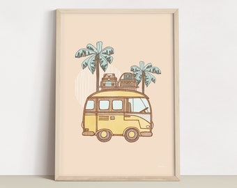 Van Wall Art | Nursery Prints | Retro Beach Prints | Yellow  Bus with surfboards | Vintage Wall Art | Coastal nursery decor | Beach