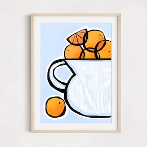 Oranges Art Print | Modern Mediterranean Wall Art |Boho Vase | White vase with fruit | Citrus Art Print | Kitchen Wall Decor |Still Life Art