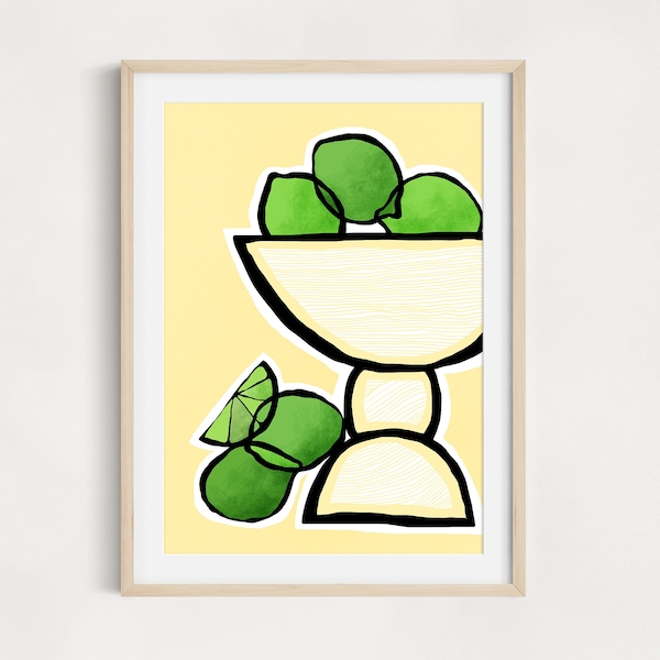 Limes Art Print | Modern Mediterranean Wall Art |Boho Vase | White vase with fruit | Citrus Art Print | Kitchen Wall Decor |Still Life Art
