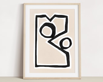 Minimalistischer abstrakter Kunstdruck | Mid Century Modern Poster | Schwarze Tinte | Beige und neutral | Moderne Wandkunst | Moderne Abstrakte Formen | 1