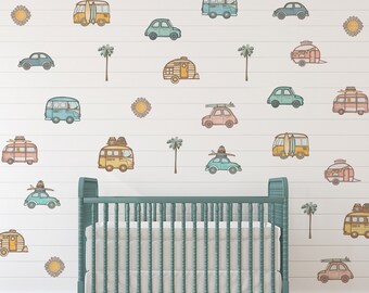 Retro Vintage Car Wall decals | Boho Beach Wall Stickers | Kombi Van n VW Beetle Cars | Nursery Decals | Peel n stick | Colourful Car design