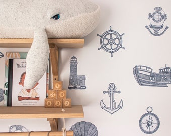 Nautical Wall Decals | Nursery Wall Sticker | Navy Fabric Decal | Peel and stick | Removable | reusable | Sea Compass | navel boat | shell