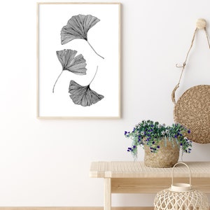 Puede incluir: Un dibujo en blanco y negro de cuatro hojas de ginkgo en un marco de madera simple. El marco est&aacute; colgado en una pared blanca sobre un banco de madera con una cesta tejida llena de flores moradas.