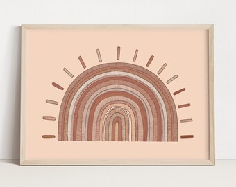 Impresión artística de sol / Póster moderno para habitación infantil / Sol color melocotón / Arte de pared rosa para habitación infantil / Decoración de pared bohemia / Arte lineal detallado / Arte rosa ruborizado