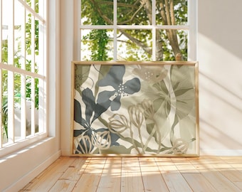 Abstract Botanical Wall Art Print – Neutral Floral Illustration in Sage, Blue & Beige | Modern Organic Decor