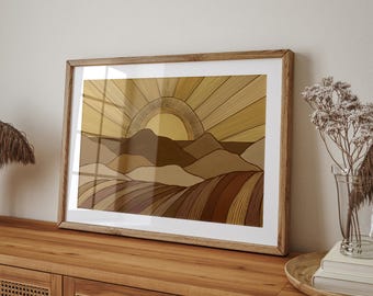 Sunset Landscape Wall Art | Neutral Mountain Print | Earthy Modern Home Decor