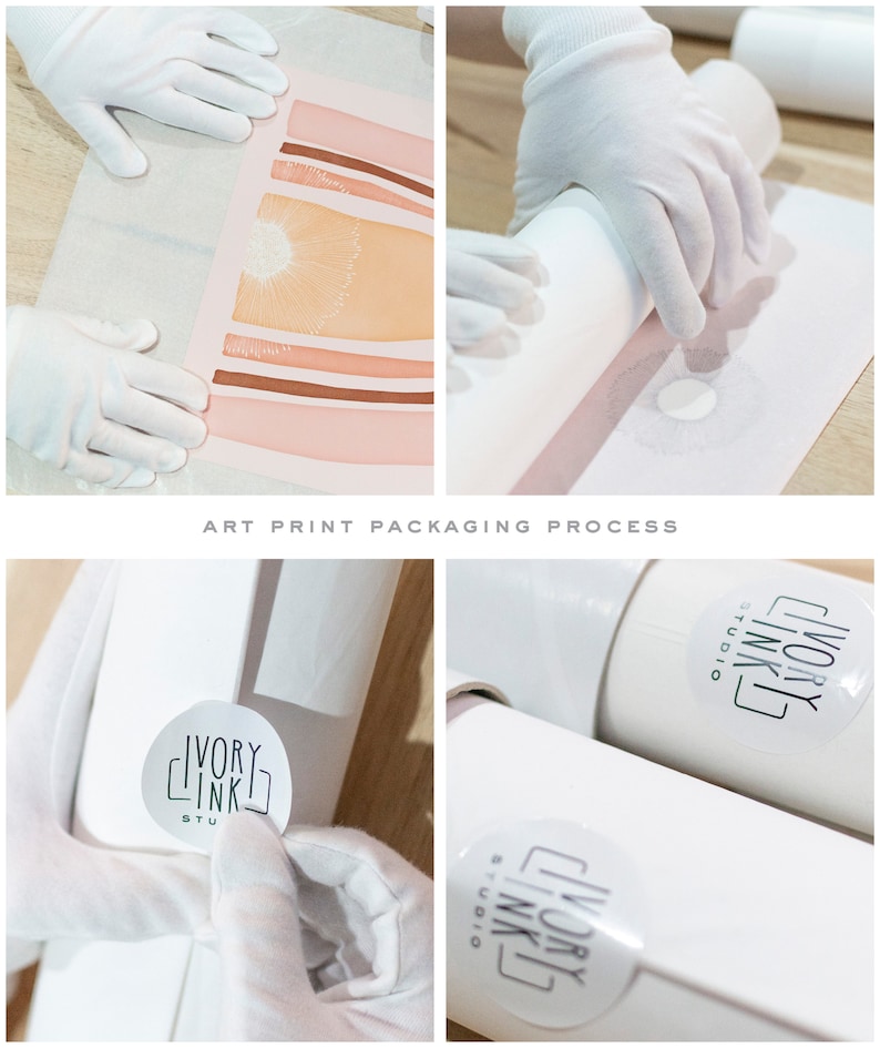 May include: A white art print is being rolled up and packaged in a white tube with a white label that says "Ivory Ink Studio".