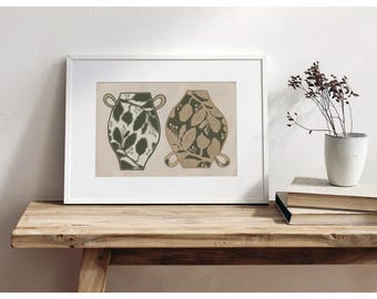 Minimalist Green & Beige Art Print - Two Clay Pots with Foliage Leaves - Modern botanical poster - Nature inspired decor - Organic wall art