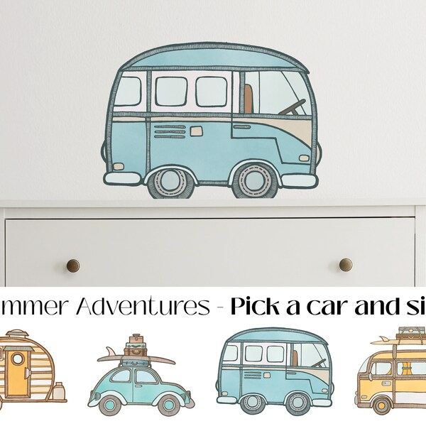 Stickers voitures rétro | Stickers muraux Combi camionnette, coccinelle, caravane | voitures anciennes | Ambiance de plage | Modèle et taille au choix | chambre d'enfants | Décoration de chambre de garçon