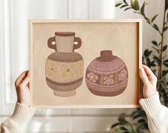 Vintage Inspired Ceramic Vase Print | Earthy Floral Wall Art | Mediterranean Style Decor | Boho Modern
