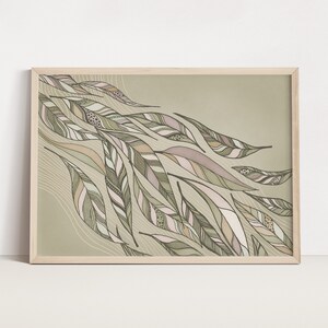 May include: A framed print with a green background and a design of stylized, overlapping feathers in shades of green, brown, and pink.