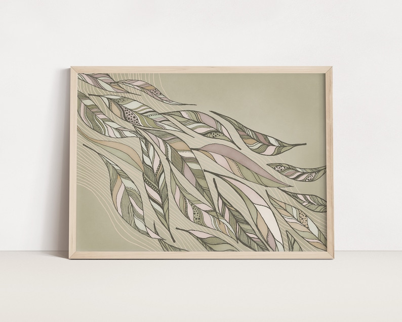 May include: A framed print with a green background and a design of stylized, overlapping feathers in shades of green, brown, and pink.
