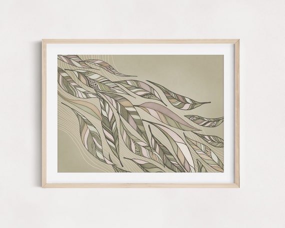 A Gust of Natives Art Print | Green | Botanical Wall Art | Gum Leaf Poster | Australian Leaf Illustration | Detailed | Earthy Colour Palette