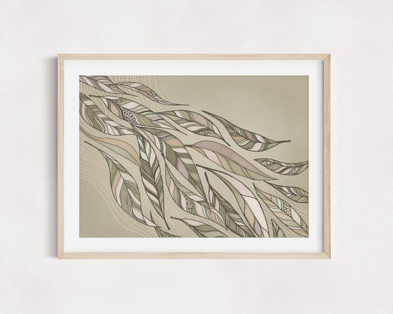 May include: A framed print with a green background and a design of abstract, stylized leaves in shades of brown, pink, and white.