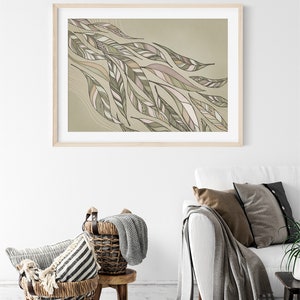 May include: A framed print of an abstract design featuring a flowing pattern of green, brown, and pink leaves. The leaves are stylized and have a textured appearance.