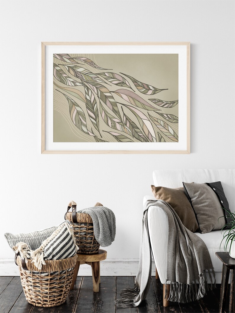 May include: A framed print of an abstract design featuring a flowing pattern of green, brown, and pink leaves. The leaves are stylized and have a textured appearance.