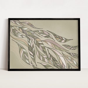 May include: A framed print with a green and brown abstract design of stylized feathers. The background is a light green color.