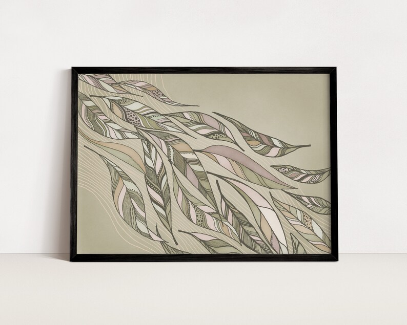 May include: A framed print with a green and brown abstract design of stylized feathers. The background is a light green color.