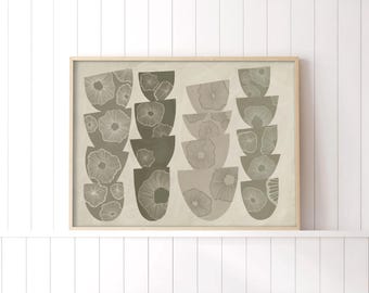 Stacked Pot Botanical Art Print | Neutral Earth Tones with Fine Line Flowers | Modern Boho Artwork | Sage Green Artwork | Abstract Shape