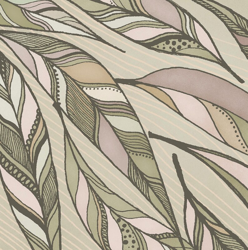 May include: Abstract digital art print featuring a pattern of overlapping, wavy lines in shades of green, brown, and pink.