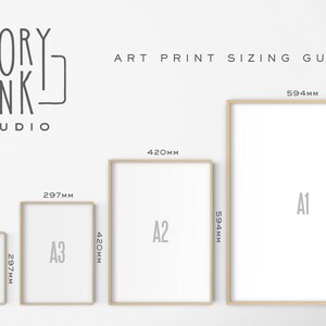 May include: A guide to art print sizing with four different sizes of framed prints. The sizes are labeled A4, A3, A2, and A1. The measurements are in millimeters.