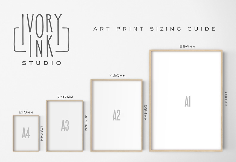 May include: A guide to art print sizing with four different sizes of framed prints. The sizes are labeled A4, A3, A2, and A1. The measurements are in millimeters.