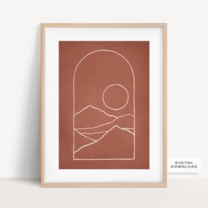 Minimalist Landscape Art Print | Abstract Sun Poster | Mountains line art | Neutral Wall Art | Boho Poster Print | Terracotta Wall Decor