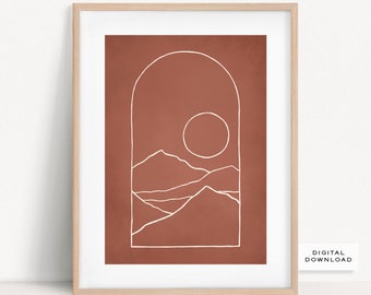 Minimalist Landscape Art Print | Abstract Sun Poster | Mountains line art | Neutral Wall Art | Boho Poster Print | Terracotta Wall Decor