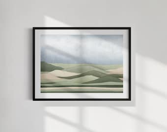 Rolling Green Hills Art Print: Calming Landscape, Soft Blue Sky