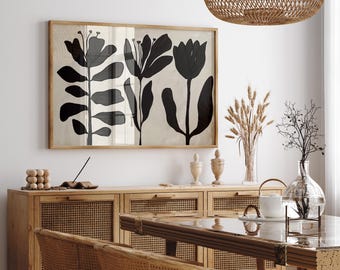 Black Botanical Wall Art | Modern Floral Print | Minimalist Neutral Home Decor | Detailed line work | 3 floral designs | Flowers in a garden
