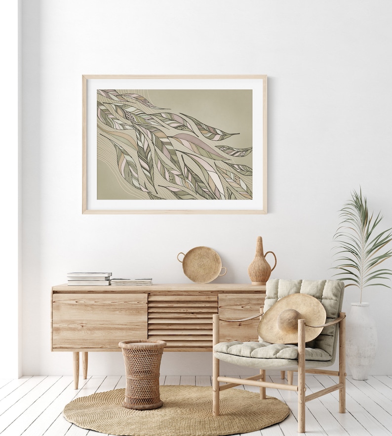 May include: A framed print of a stylized abstract design featuring a flowing pattern of green and brown leaves on a light green background.
