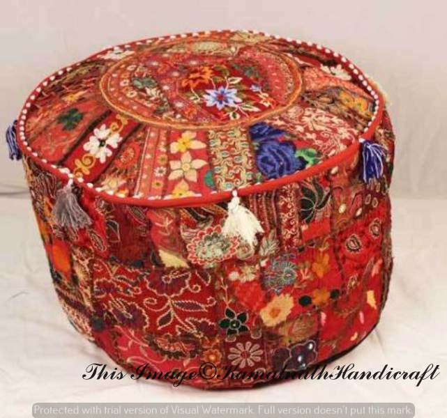 18" Indian Vintage Ottoman Embroidered Patchwork Round Seating Pouf Footstool 